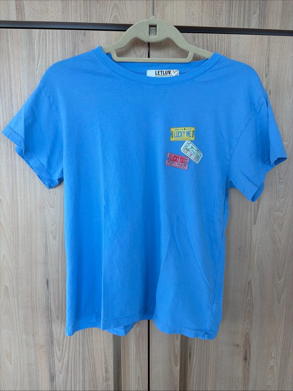 Letluv for Anthropologie Lucky Me Lucky You Ticket Graphic T-Shirt Womens S Blue